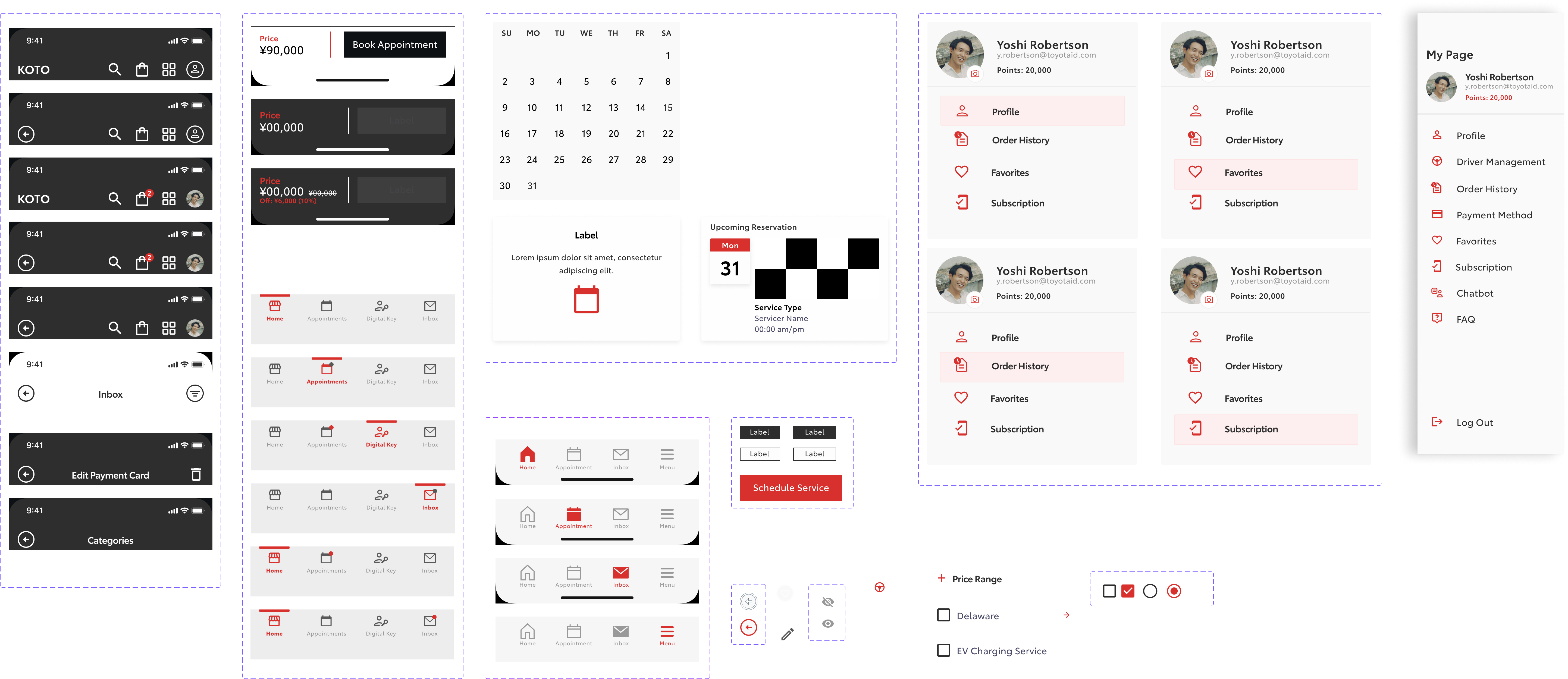 Component library showing UI elements