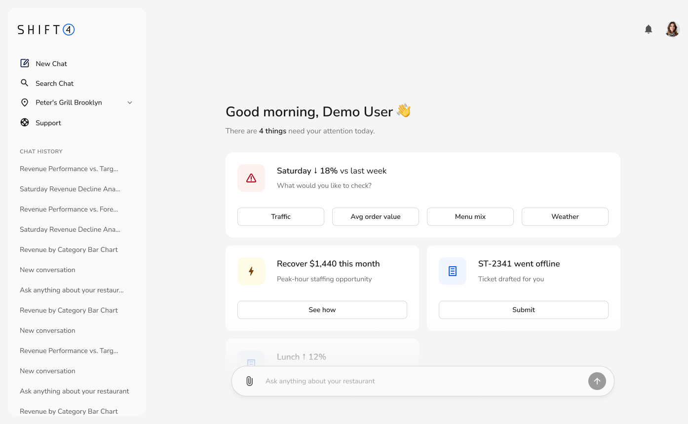 Final Intelligence Inbox home experience showing four prioritized restaurant operations recommendations
